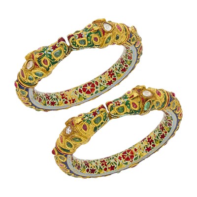 Lot 1110 - Pair of Indian Gold, Foil-Backed Colored Stone, Diamond and Jaipur Enamel Bangle Bracelets