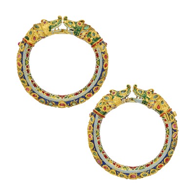 Lot 1110 - Pair of Indian Gold, Foil-Backed Colored Stone, Diamond and Jaipur Enamel Bangle Bracelets