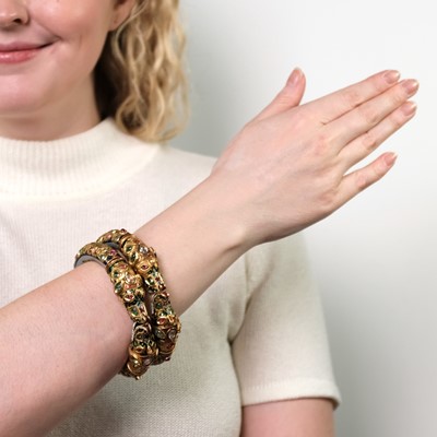 Lot 1110 - Pair of Indian Gold, Foil-Backed Colored Stone, Diamond and Jaipur Enamel Bangle Bracelets