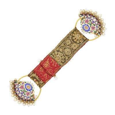 Lot 1055 - Indian Gold, Multicolored Enamel, Freshwater Pearl and Ribbon Shoulder Brooch