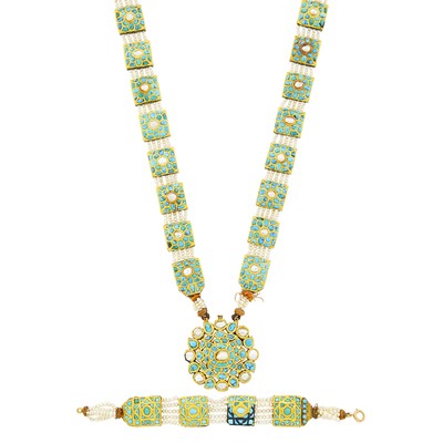 Lot 1108 - Four Strand Freshwater Pearl, Gold, Turquoise and Jaipur Enamel Pendant-Necklace and Bracelet