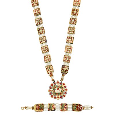 Lot 1108 - Four Strand Freshwater Pearl, Gold, Turquoise and Jaipur Enamel Pendant-Necklace and Bracelet