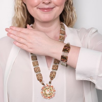 Lot 1108 - Four Strand Freshwater Pearl, Gold, Turquoise and Jaipur Enamel Pendant-Necklace and Bracelet