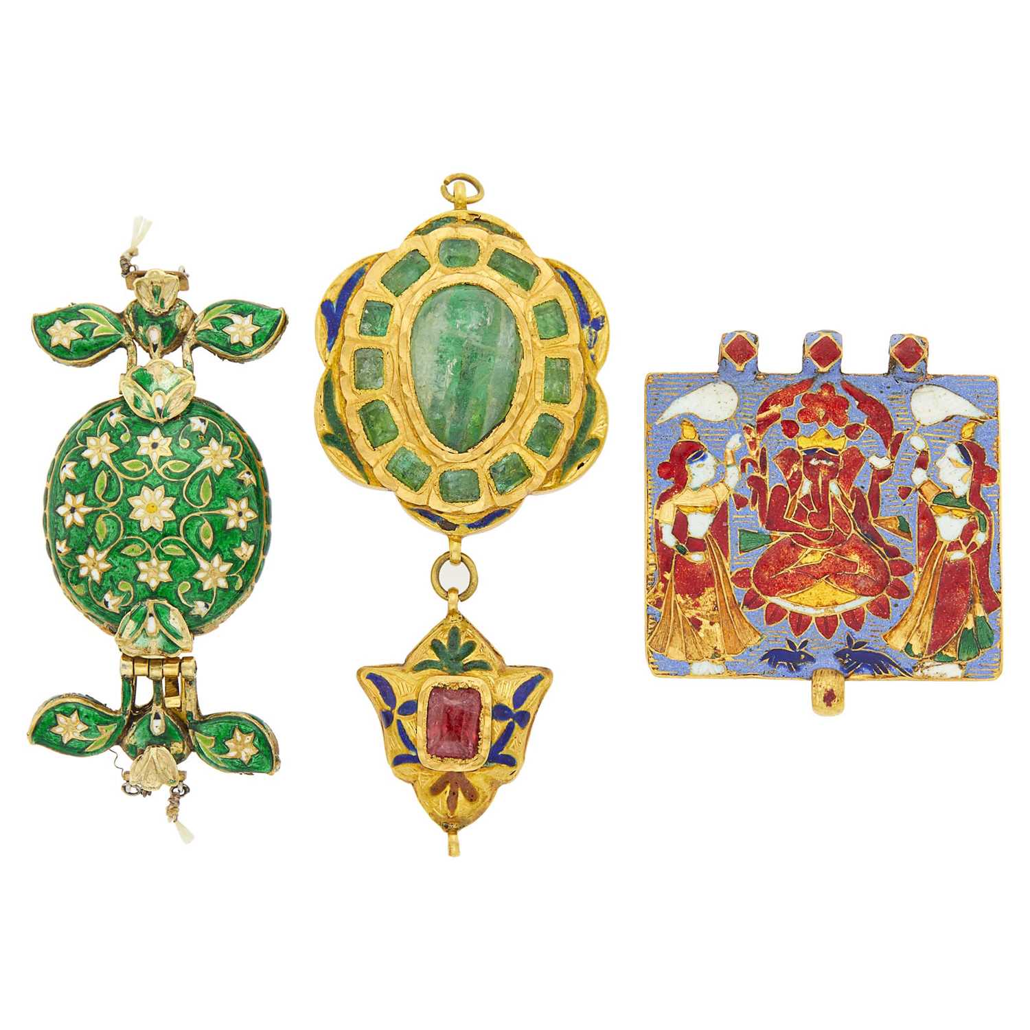 Lot 1061 - Two Indian Gold, Enamel, Emerald and Ruby Pendants and Clasp
