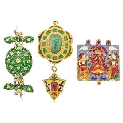 Lot 1061 - Two Indian Gold, Enamel, Emerald and Ruby Pendants and Clasp