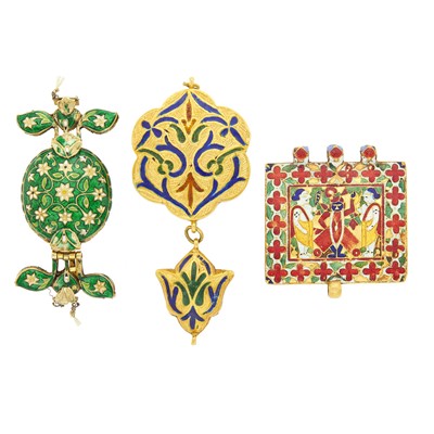 Lot 1061 - Two Indian Gold, Enamel, Emerald and Ruby Pendants and Clasp