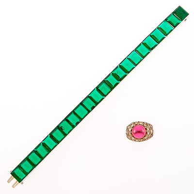 Lot 1064 - White Gold and Synthetic Emerald Bracelet and Silver-Gilt, Synthetic Cabochon Ruby and Diamond Ring