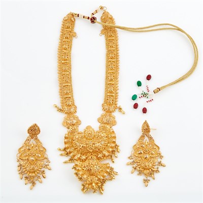 Lot 68 - Gold, Cord and Bead Necklace and Two Earrings,...