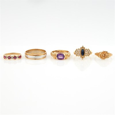 Lot 228 - Two Diamond and Stone Rings and Three Gold and...
