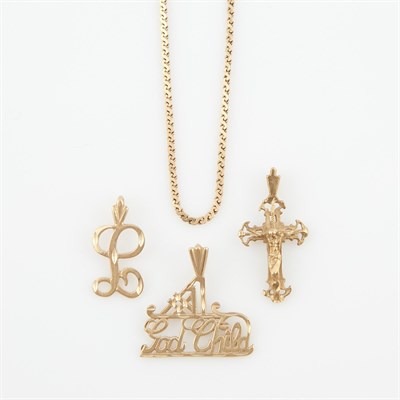 Lot 477 - Three Gold Pendants and Neck Chain, 14K and...