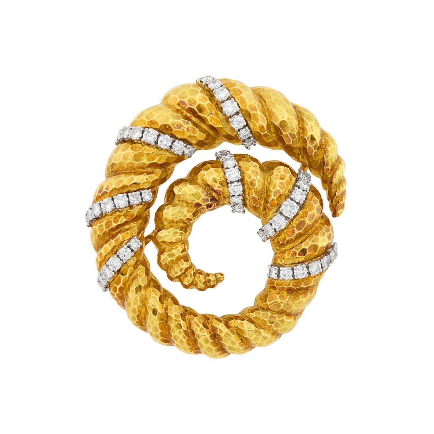 Lot 35 - David Webb Hammered Gold, Platinum and Diamond Clip-Brooch