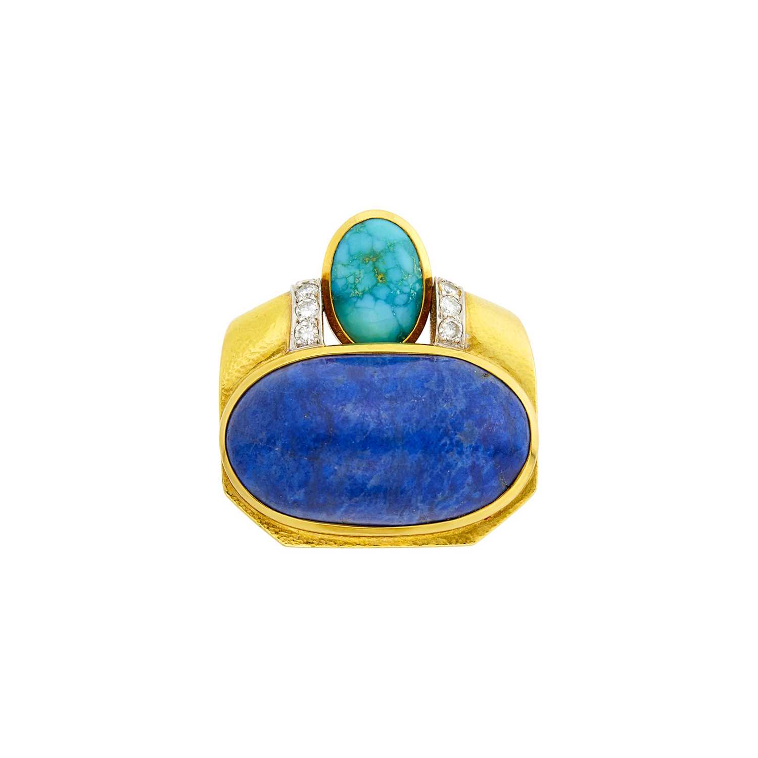 Lot 45 - David Webb Hammered Gold, Platinum, Lapis, Turquoise and Diamond Ring