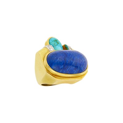 Lot 45 - David Webb Hammered Gold, Platinum, Lapis, Turquoise and Diamond Ring