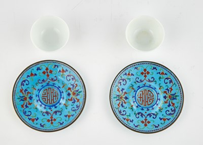 Lot 234 - A Pair of Chinese Enamel Cup Stands and Porcelain Cups