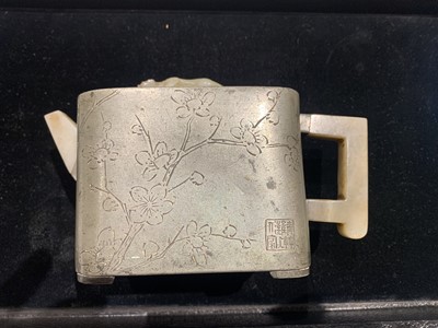 Lot 96 - A Chinese Jade Mounted Pewter Teapot