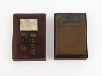 Lot 77 - A Chinese Ink Stone in Case with a Jade Plaque