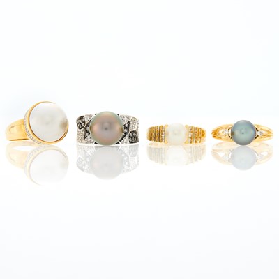 Lot 2162 - Four Gold, Cultured Pearl, Gray Tahitian Cultured Pearl, Mabé Pearl and Diamond Rings