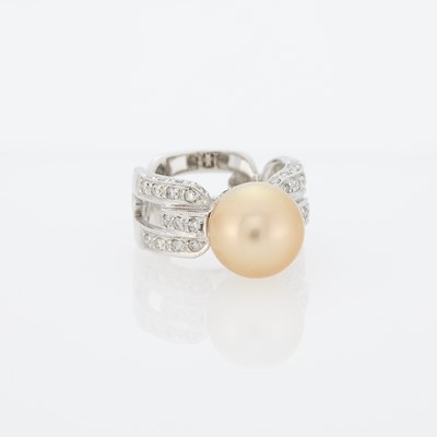 Lot 1253 - White Gold, Golden Cultured Pearl and Diamond Ring