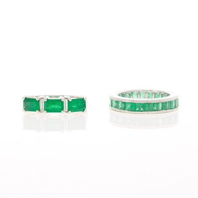 Lot 2063 - Two Platinum, White Gold, Emerald and Diamond Band Rings