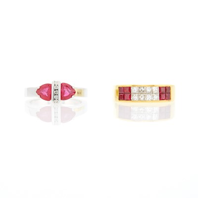 Lot 2108 - Gold, Invisibly-Set Ruby and Diamond Ring and White Gold, Ruby and Diamond Ring