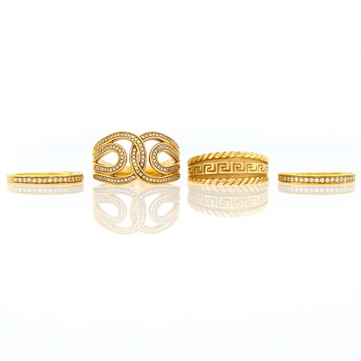 Lot 2157 - Maz Gold Greek Key Ring, Two Gold and Diamond Band Rings and Low Karat Gold and Diamond Ring