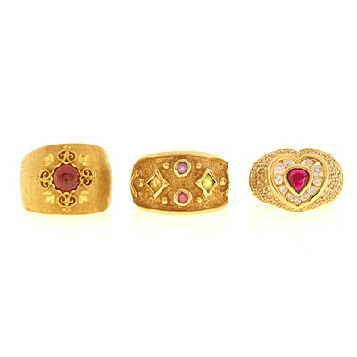 Lot 2097 - Gold, Ruby and Diamond Ring, Gold and Cabochon Garnet Ring and Gold and Gem-Set Ring