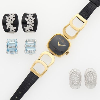 Lot 1229 - Baume & Mercier Gold Wristwatch and Three Pairs of White Gold Earrings