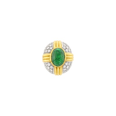 Lot 38 - Two-Color Gold, Cabochon Emerald and Diamond Ring