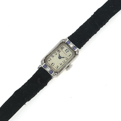 Lot 1113 - Longines Platinum, Gold, Diamond and Sapphire Wristwatch, Retailed by Tiffany & Co.