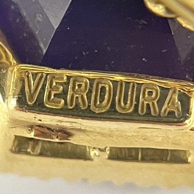 Lot 6 - Verdura Pair of Gold, Amethyst and Pink Tourmaline 'Byzantine' Pendant-Earclips