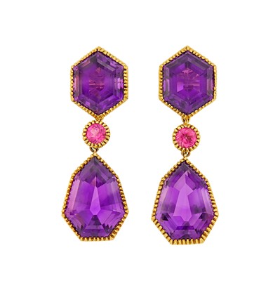 Lot 6 - Verdura Pair of Gold, Amethyst and Pink Tourmaline 'Byzantine' Pendant-Earclips