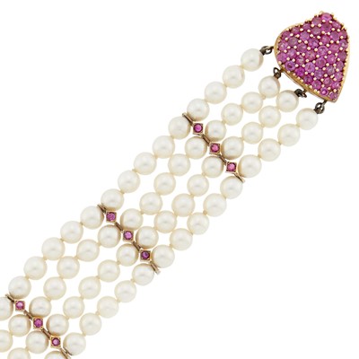 Lot 1160 - Four Strand Gold, Cultured Pearl and Ruby Heart Bracelet