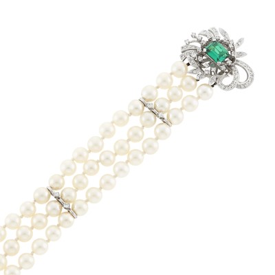 Lot 1121 - White Gold, Cultured Pearl, Synthetic Emerald and Diamond Bracelet