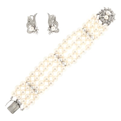 Lot 1196 - Four Strand White Gold, Cultured Pearl and Diamond Bracelet and Pair of Earrings
