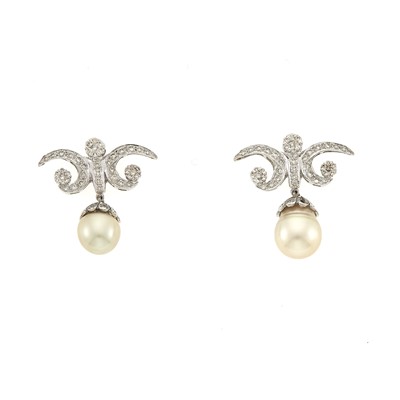 Lot 1090 - Pair of White Gold, Diamond and Light Golden Cultured Pearl Pendant-Earrings