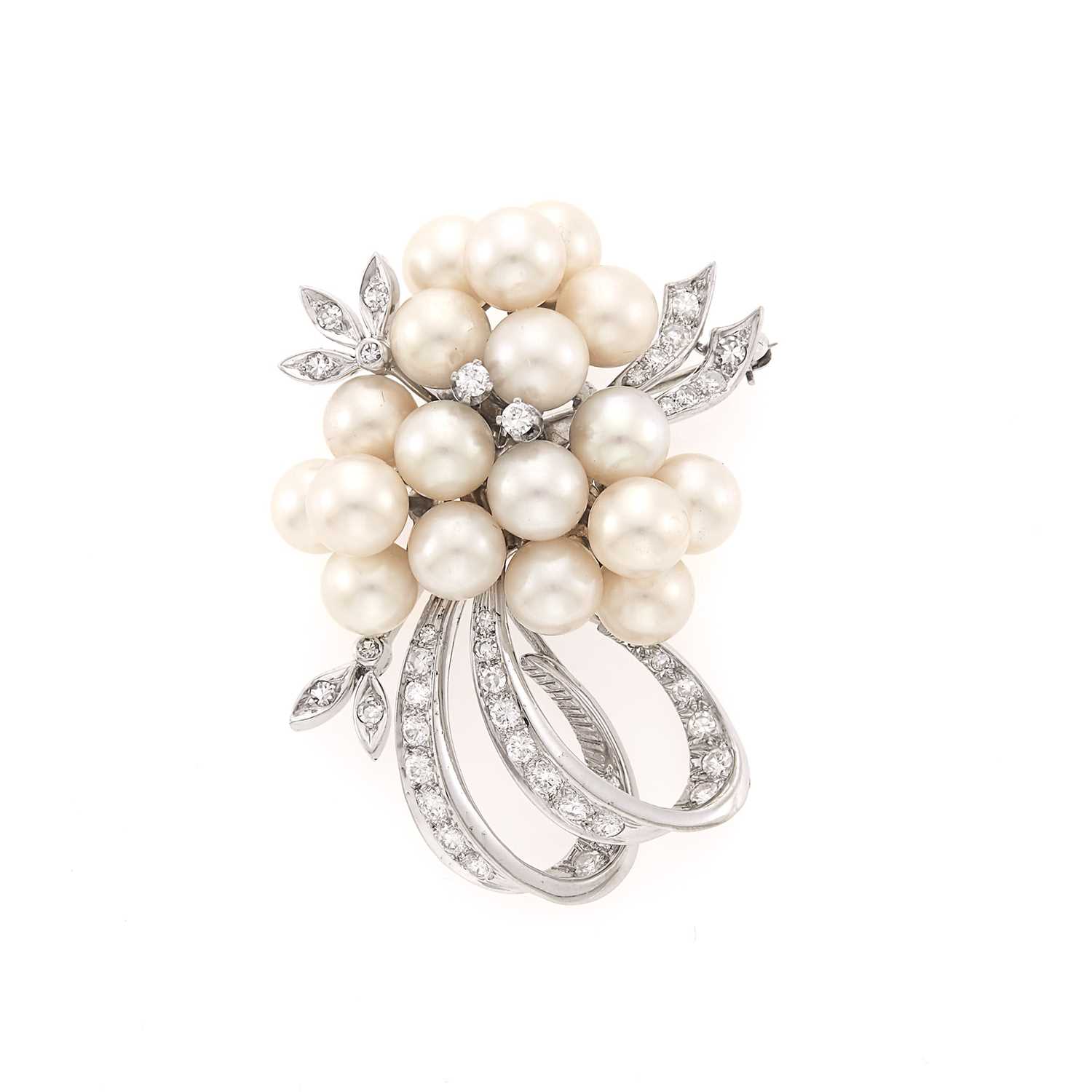 Lot 1088 - Platinum, Cultured Pearl and Diamond Pendant-Brooch