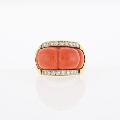 Lot 1052 - Two-Color Gold, Carved Coral and Diamond Ring