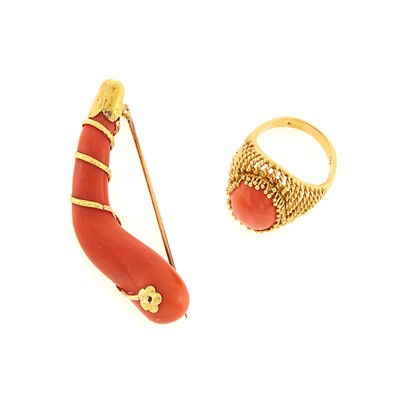 Lot 1274 - Gold and Coral Ring and Pin