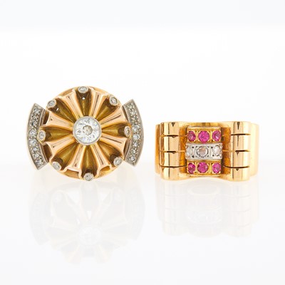 Lot 1169 - Two-Color Gold and Diamond Ring and Gold, Synthetic Ruby and Diamond Ring