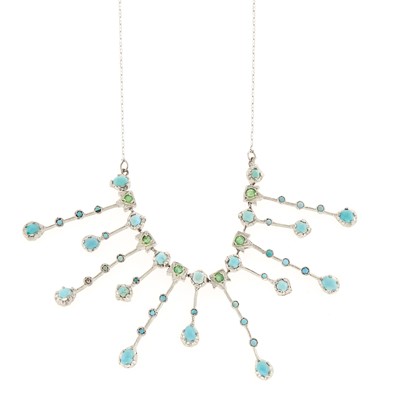 Lot 1133 - White Gold, Turquoise and Emerald Swag Necklace