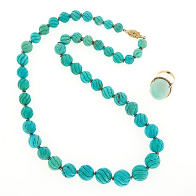 Lot 1275 - Carved Turquoise Bead and Silver Necklace and Gold and Turquoise Ring
