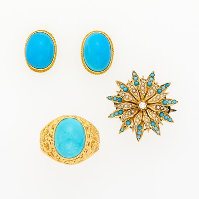 Lot 1176 - Gold, Turquoise, Split Pearl and Diamond Pin, Turquoise Ring and Pair of Earrings