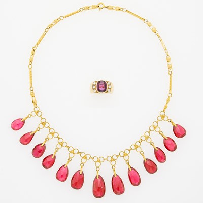 Lot 1146 - Gold, Ruby and Diamond Ring and Gold and Synthetic Ruby Bead Fringe Necklace