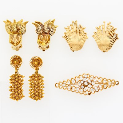 Lot 1207 - Three Pairs of Gold and Citrine Earclips and Gold and Diamond Brooch