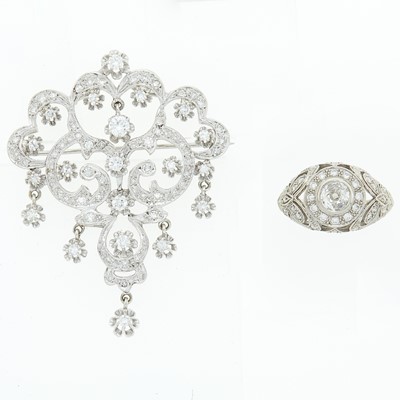 Lot 1128 - White Gold and Diamond Ring and Pendant-Brooch