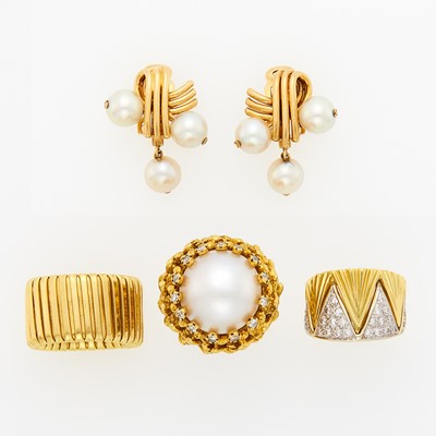 Lot 1210 - Two Yellow and White Gold and Diamond Rings, Mabé Pearl Ring and Pair of Cultured Pearl Earclips