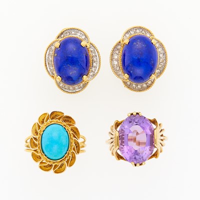 Lot 1214 - Pair of Two-Color Gold, Lapis and Diamond Earrings, Turquoise Ring and Low Karat Gold and Amethyst Ring