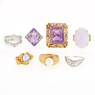 Lot 1083 - Six Yellow and White Gold, Platinum, Gem-Set and Diamond Rings and Ring Jacket