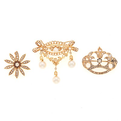 Lot 1188 - Three Gold, Diamond, Seed Pearl and Cultured Pearl Pins