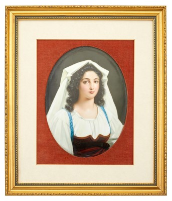 Lot 242 - Framed Continental Painted Oval Portrait Plaque of a Woman with White Head Veil